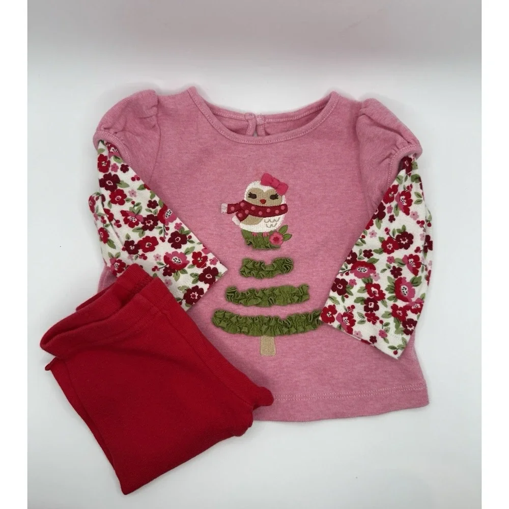 Gymboree 2011 Cozy Owl Shirt And Pants Outfit Infant 3-6 Months Red And Pink